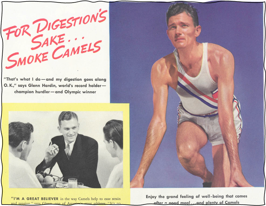 1938 magazine ad showing Olympic sprinter, Glenn Hardin, saying smoking Camel cigarettes helps his digestion