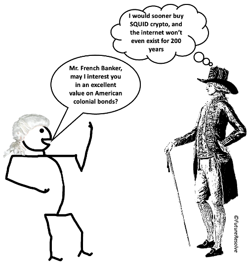 Cartoon of Hamilton trying to sell colonial bonds to a French banker
