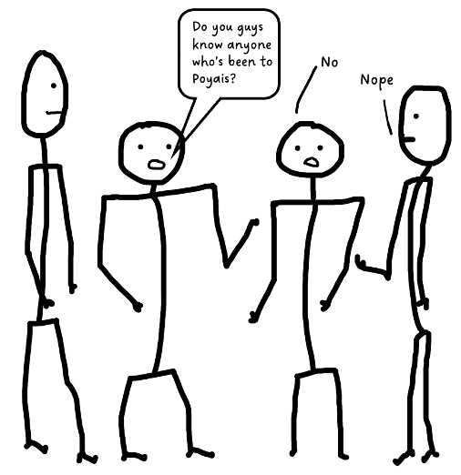Cartoon of 4 people, panel 1. One asks: do you know anything about Poyais? All answer, "no."