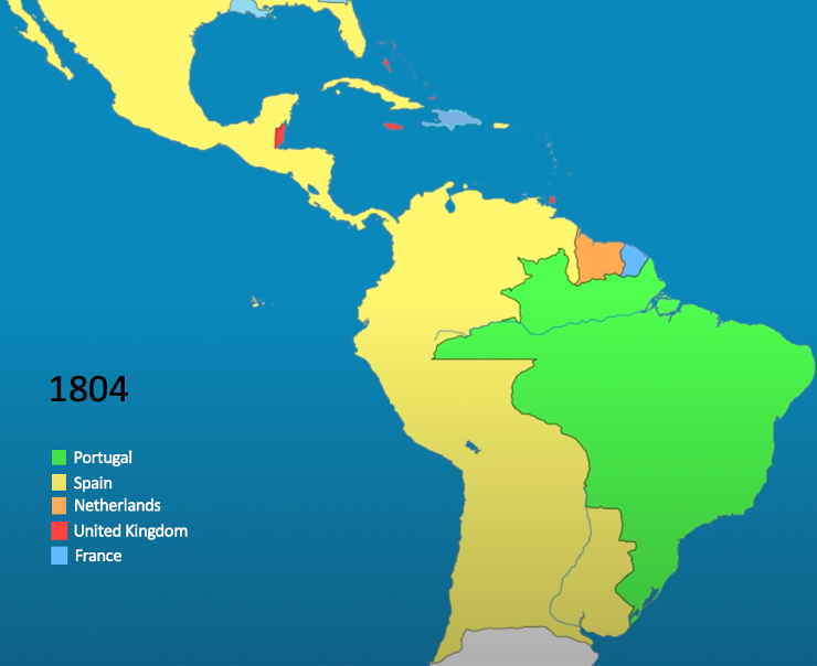 Map of Latin America in 1804. Nearly all territories belong to Spain or Portugal