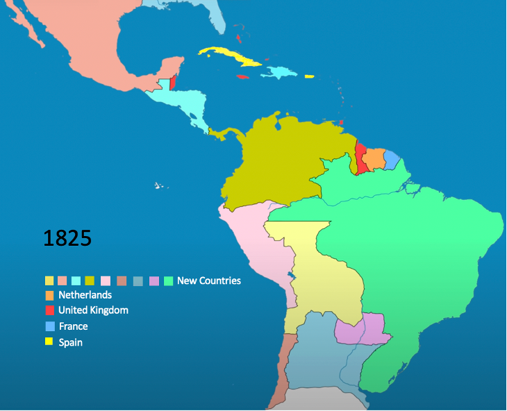Map of Latin America in 1825. There are 9 new countries and Spain retains only two islands