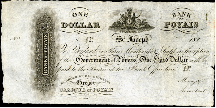 Picture of an actual Poyais Dollar note kept in the Smithsonian Institution