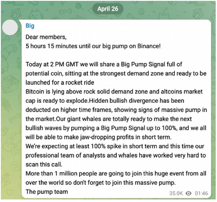 Text from a Discord pump and dump 5 hours before the scam, hyping the scam