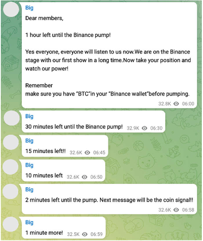 text from discord pump and dump group counting down the minutes until the scam starts
