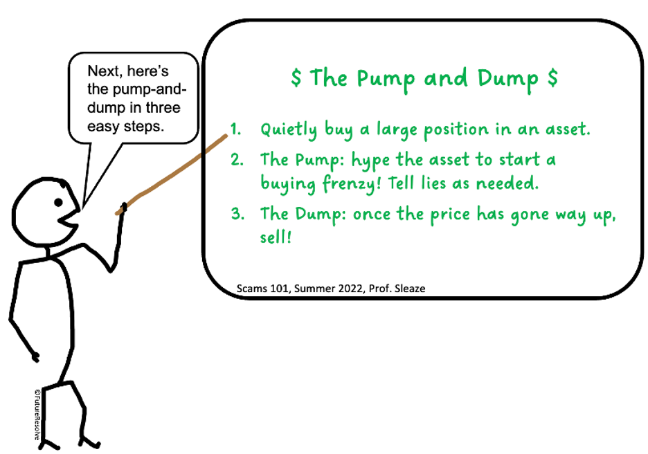 cartoon showing an instructor giving the steps for a pump and dump scam
