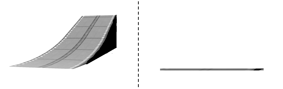 On left is an upward-sloping ramp from 45 degrees off head-on. On right is a thin, wide rectangle, the 2D view of the ramp from the same angle.
