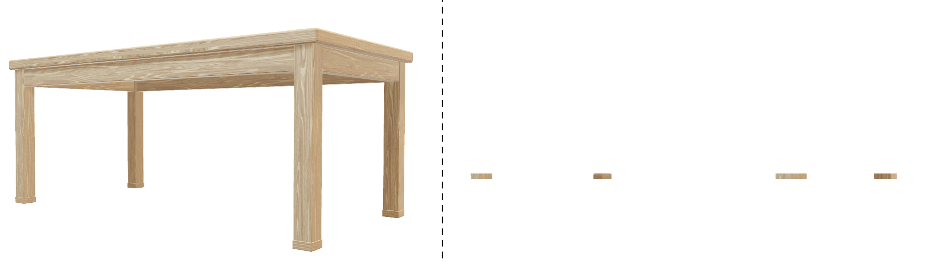 The left image is a full wooden table. The right image is four thin rectangles, small sections of the table's legs.