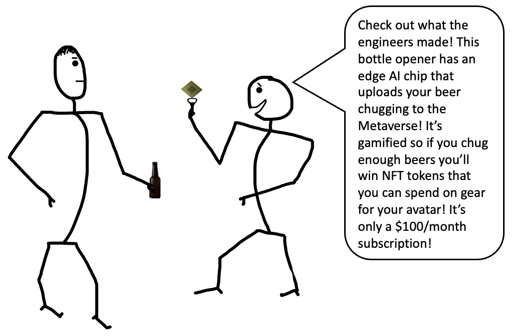 cartoon with an engineer holding a bottle opening with a chip on top promoting it as a high-tech solution to a beer drinker